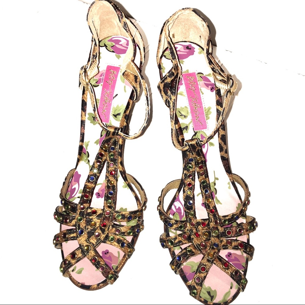 Betsey Johnson leopard jeweled peep toe heels